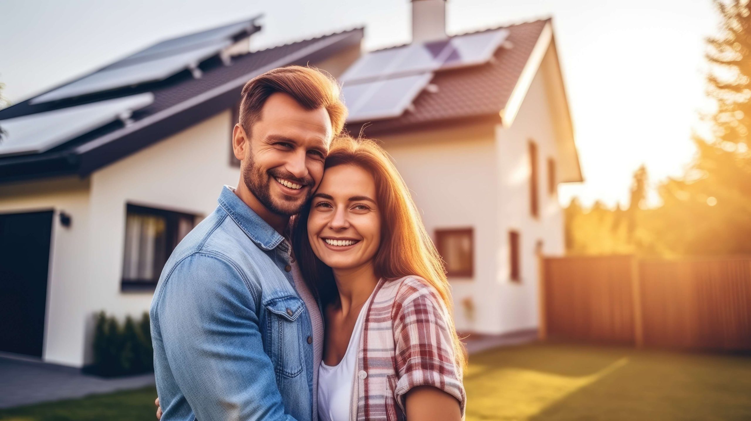 afbeelding van stel voor hun huis met zonnepanelen met een laagschijnende zon.